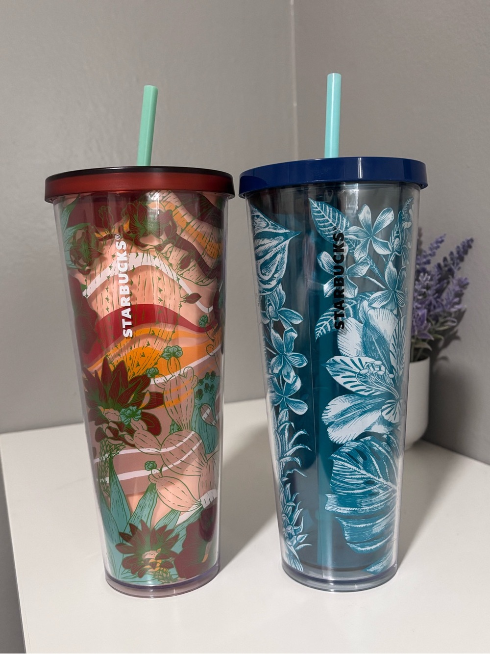 Starbucks Floral Reusable Tumblers - Teal/Blue and Multicolor